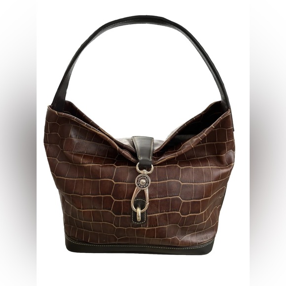 SOLD DOONEY & BOURKE Croc Embossed Leather Logo Lock Hobo  Shoulder Bag Brown - Picture 7 of 11